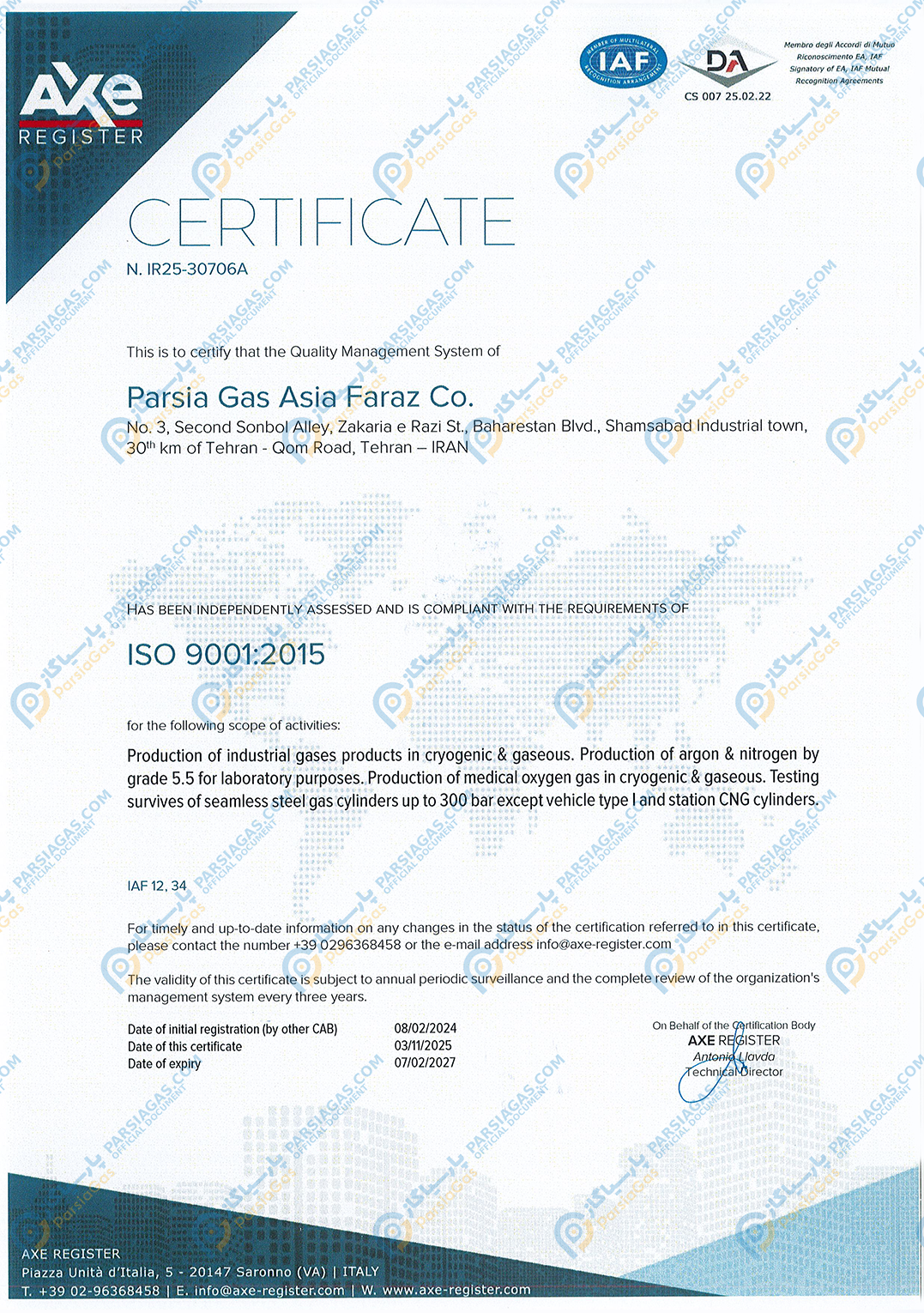 گواهینامه ISO 9001:2015 پارسیاگاز از AXE Register